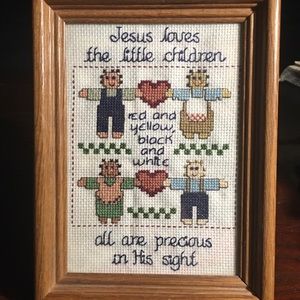 Jesus Loves the Little Children song Framed Cross Stitch Christian Nursery Decor